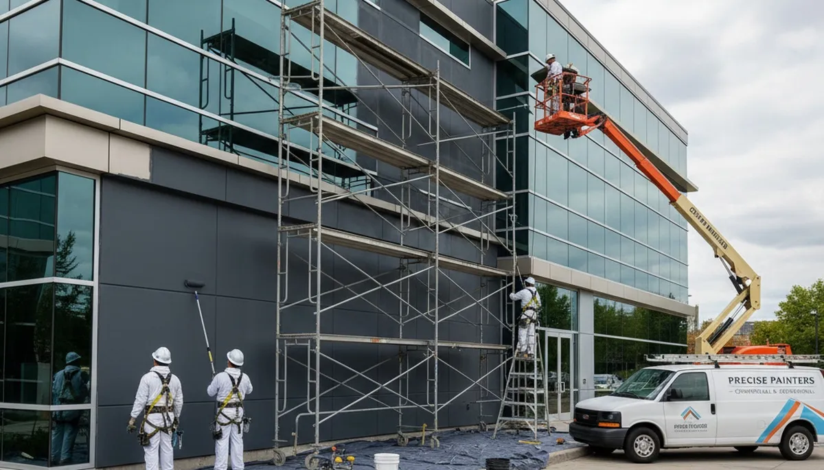 Professional commercial painters working on a storefront exterior in Santa Rosa, CA