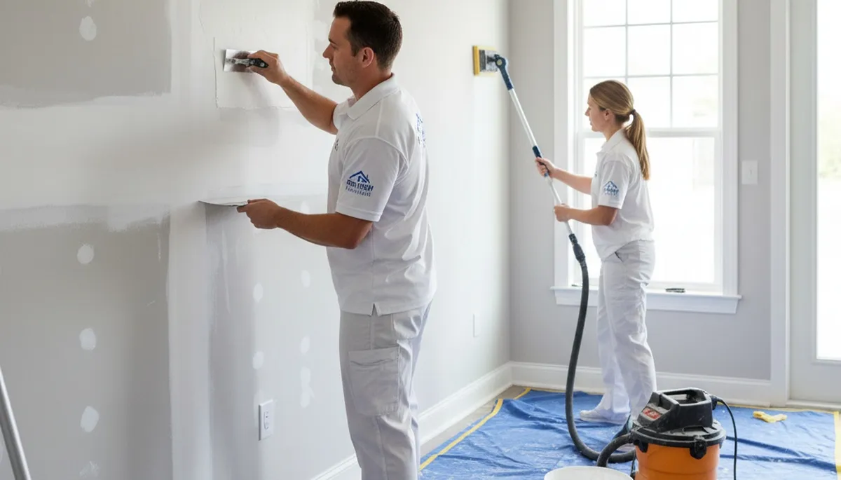 Technician performing drywall repair and wall restoration in a Santa Rosa, CA home interior