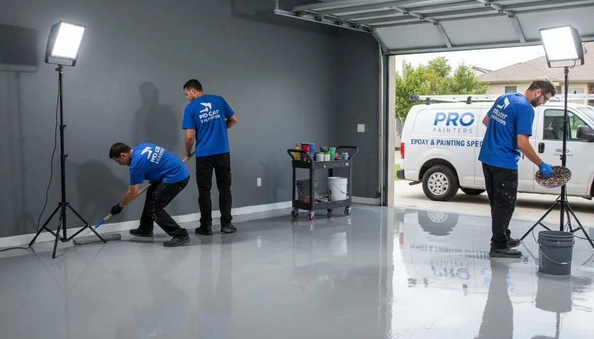 Epoxy floor coating in Santa Rosa CA garage by professional painters for durable, glossy surface finish