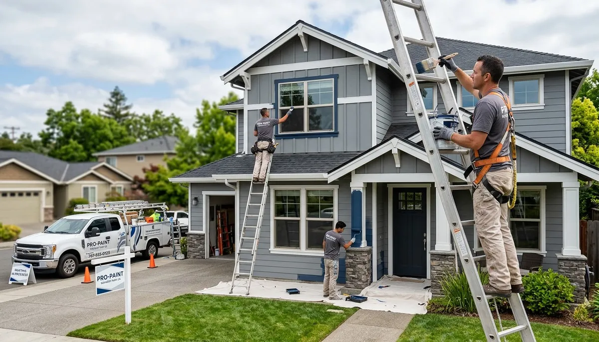 Professional house painters in Santa Rosa CA applying exterior paint to a residential home