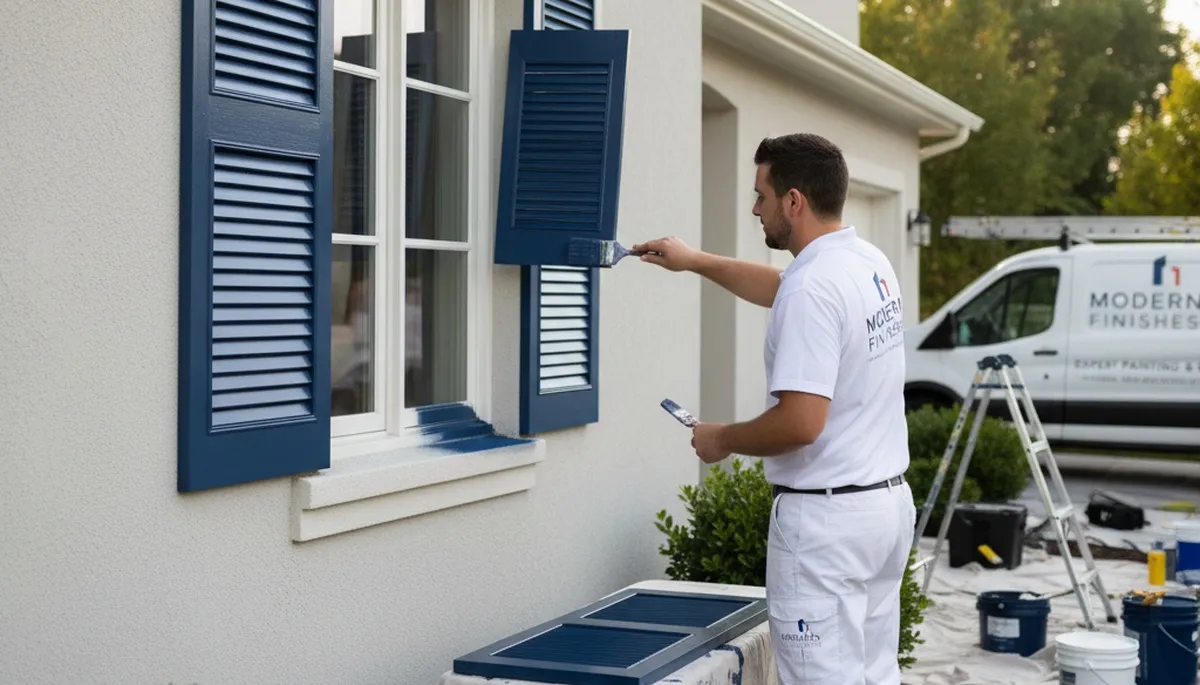 Professional painter refinishing exterior shutters in Santa Rosa, CA for durable, weather-resistant finish