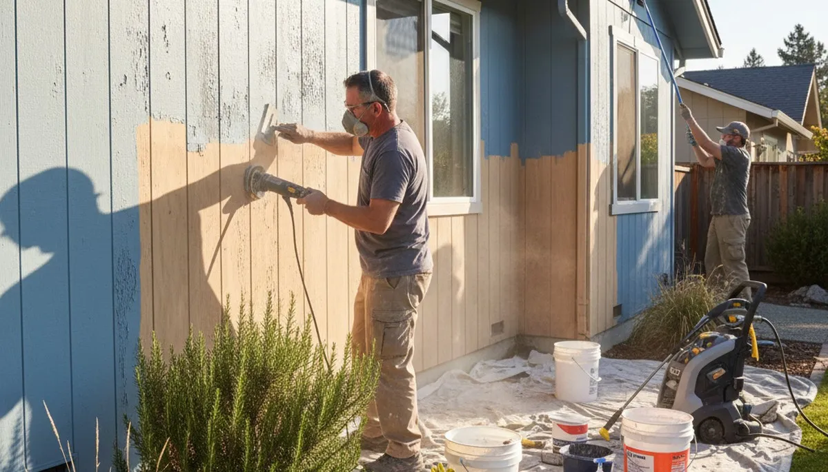 Painter sanding and prepping exterior wall for repainting in Santa Rosa, CA